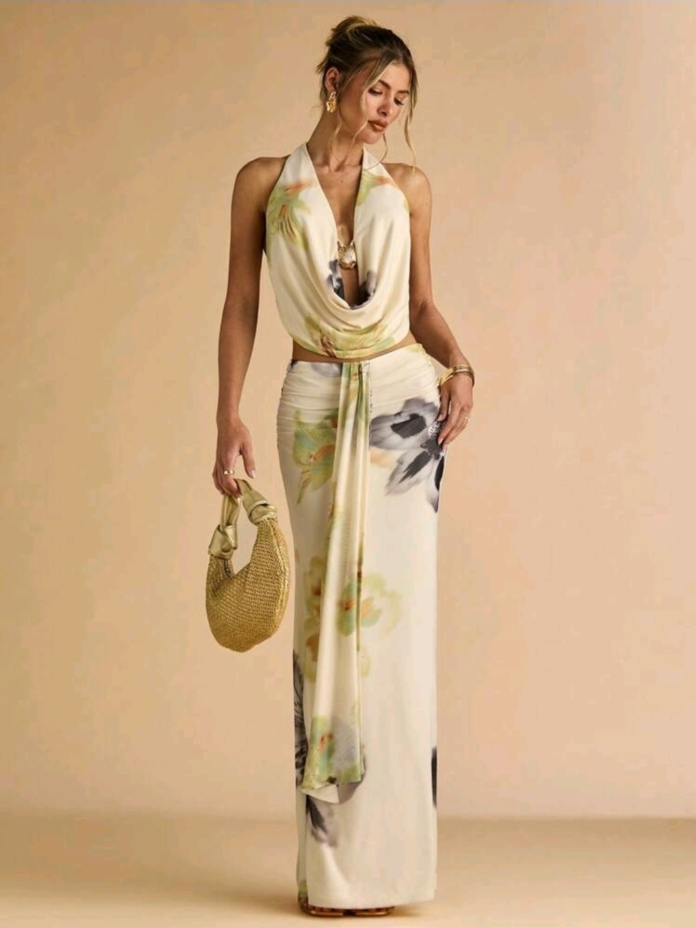 BAE Two-Piece Set Flower Print Shell Metal Decor Halte Top & Pleated Long Skirts - Picture 4 of 7